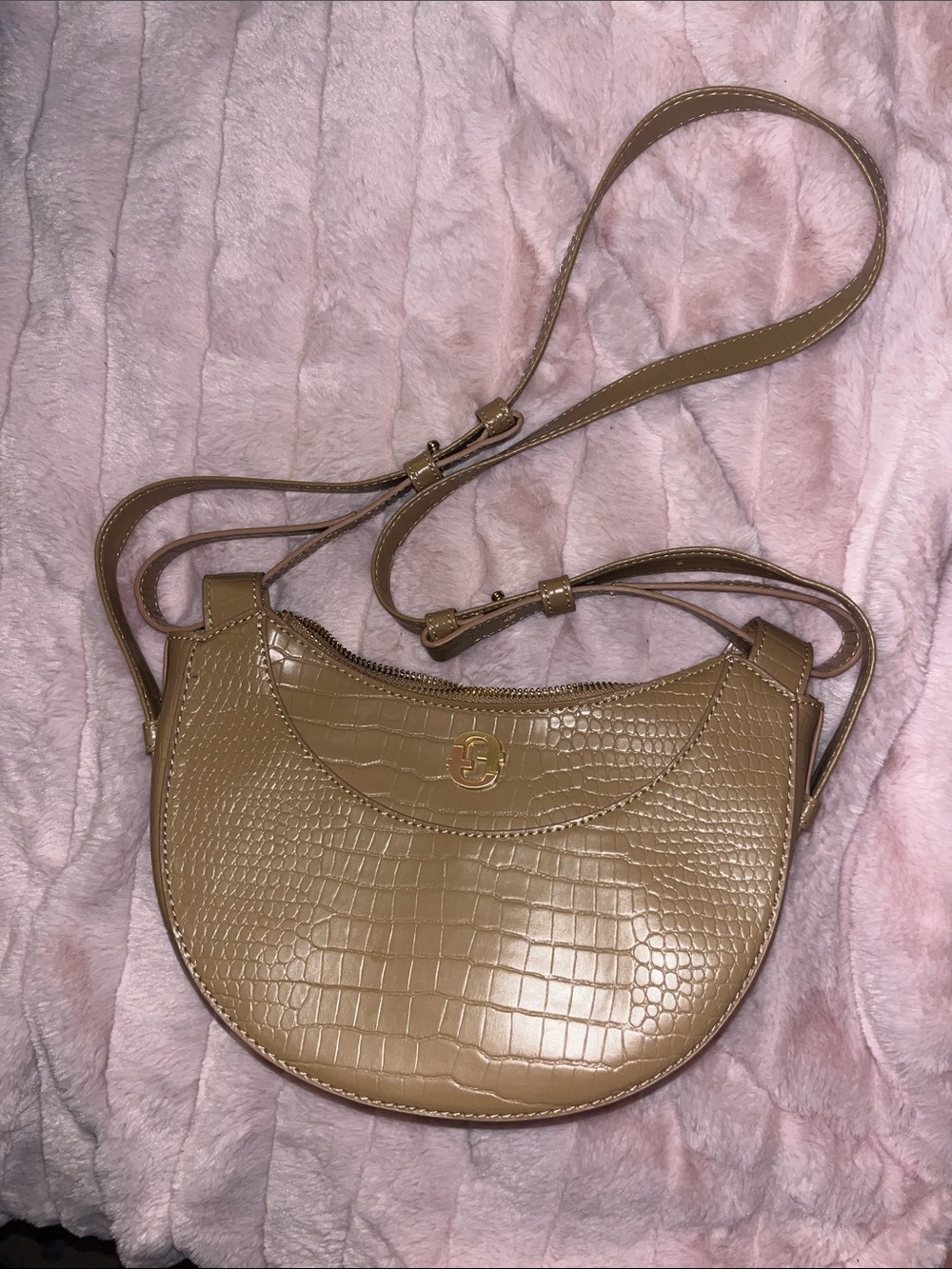 Classic Croc-Embossed Half-Moon Crossbody Bag in Tan